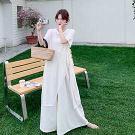 法式不规则短袖垂感阔腿长裤两件套女夏季2026清冷松弛感穿搭套装