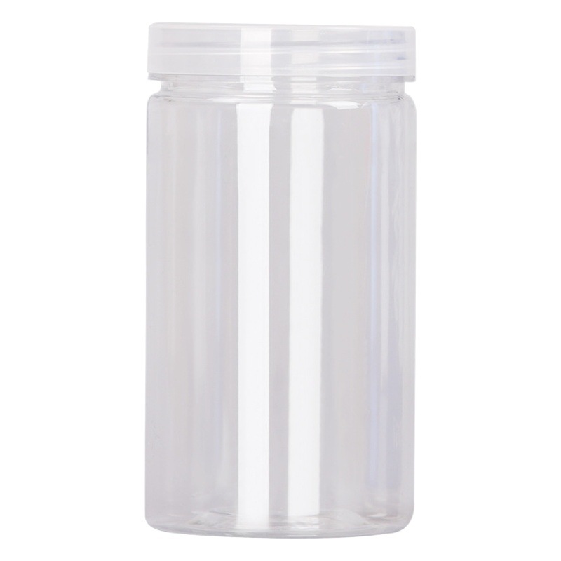 Fábrica en stock al por mayor botella de plástico para mascotas embalaje sellado tarro grado alimenticio cubierta transparente boca ancha Cubo de almacenamiento redondo