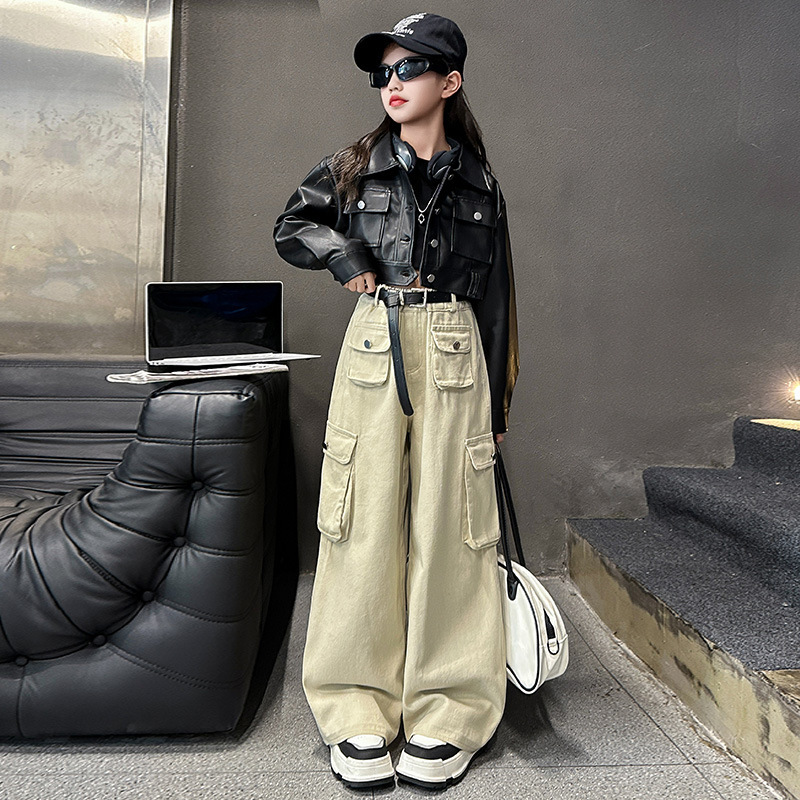 소녀 세트 가을 소녀 조수 쿨 짧은 버즈 세트 PU 가죽 자켓 오버롤 넓은 다리 바지 2 조각 세트 2024