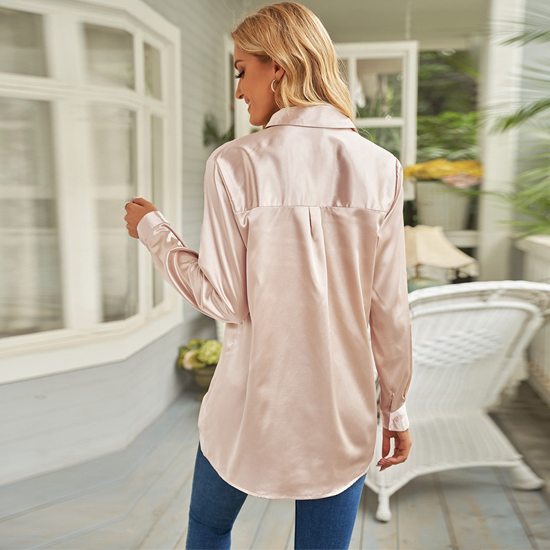 时颖真丝衬衫女夏欧美2022新款纯色缎面排扣有口袋衬衣女255747