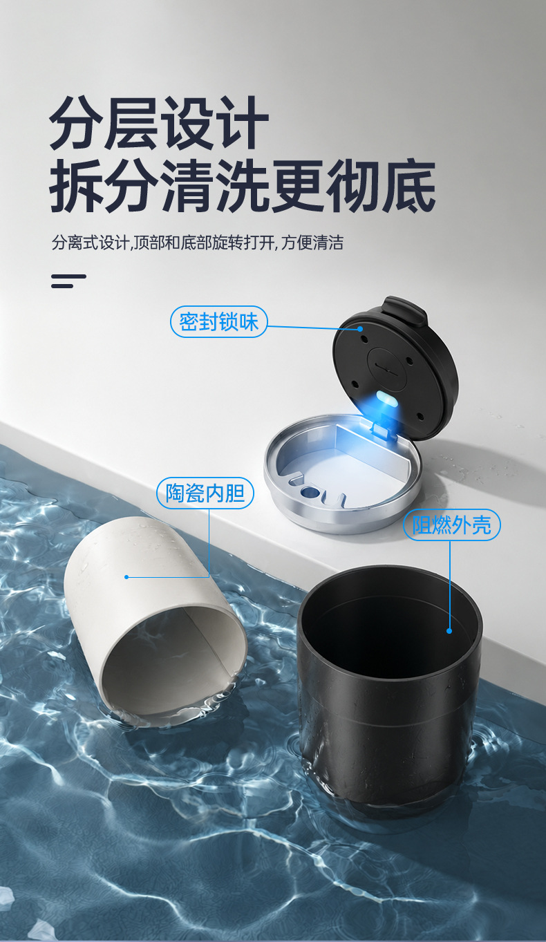 Car ashtray with flame-retardant ceramic liner, anti-ash scattering, with lid and light, for vehicle use