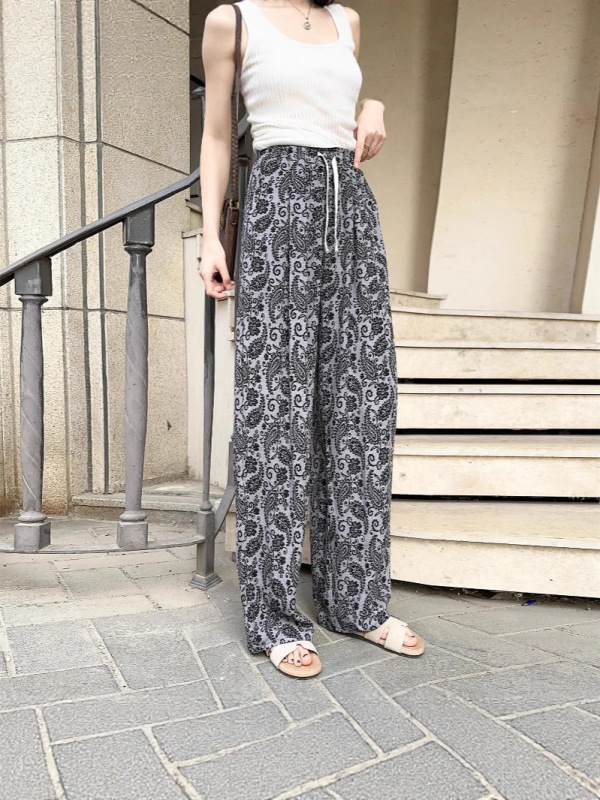 ハイエンドプリントハイウエスト薄い綿シルクワイドレッグパンツ女性の夏のドレープストレートルーズウエスト人工綿カジュアルパンツ|undefined