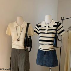 【WGWE】5424 # 夏の新しい透かし彫りpolo襟半袖ニットシャツのデザイン感が小さいレトロな上着