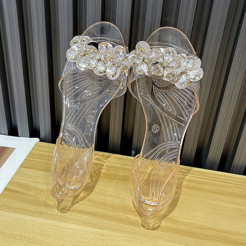 bingbing shiny jelly shoes for women summer crystal flat heel flat bottom fish mouth transparent outer wear sanda sanda