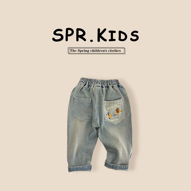 Boys' Autumn Cartoon Print Jeans 2026 New Style Denim Long Pants Children's Blue Jeans Children's Clothing