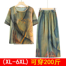 中老年妈妈夏装短袖老年人雪纺印花衬衫T恤两件套老太太衣服套装