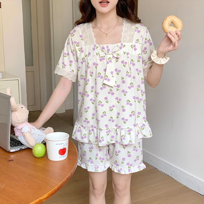 Venta al por mayor transfronteriza nueva versión coreana de encaje imitación algodón traje pijamas encaje verano chica pantalones cortos de manga corta traje de servicio a domicilio