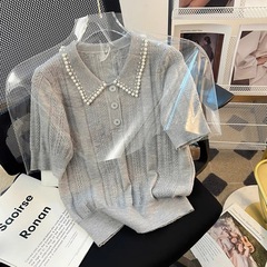 優しくて優雅な真珠のフランス式の百合はやせている上着の襟のニットの半袖の2025新型を現します。
