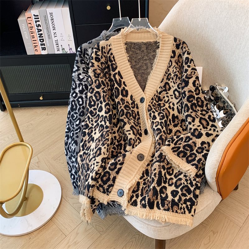 (2개) 리얼 샷 유럽 역 가을 새로운 레오파드 무늬 대비 컬러 V-넥 싱글 브레스트 모피 긴 소매 게으른 바람 스웨터 여성용 코트