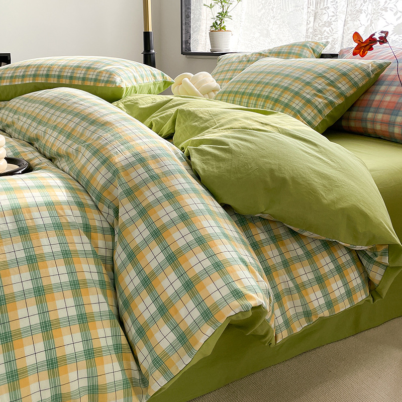 Cama de algodón lavado de algodón de cuatro piezas, sábana de algodón, funda de edredón, dormitorio de estudiantes, ropa de cama de tres piezas, ropa de cama