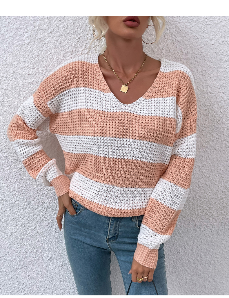 v-neck stripe stitching waffle sweater nihaostyles clothing wholesale NSMMY84050