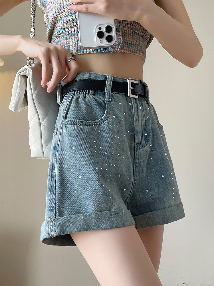 Quần short jean nữ lưng cao, ống rộng, viền chữ A, kiểu mới mùa hè — Xám đen với thắt lưng