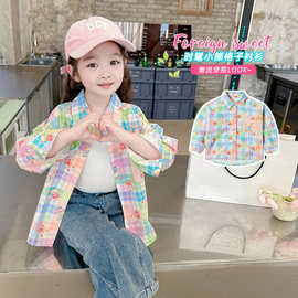 女童彩色格子熊衬衫2024春季新款洋气时髦儿童女宝宝休闲衬衣外贸