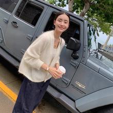 2025秋冬网络新款韩版纯羊毛女式V领开衫针织镂空慵懒风薄款毛衣