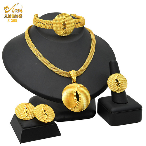 24K Gold Plated Dubai Necklace Earrings Ring Bracelet Set Indian Bride Jewelry Set Wholesale