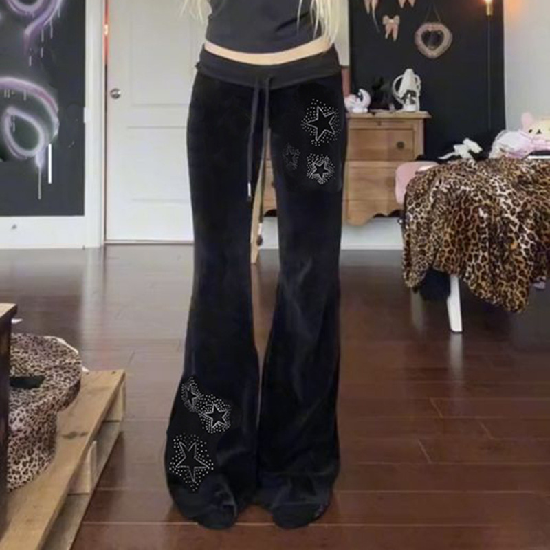 European and American Style Spicy Girl Street Fashion Star-Studded Rhinestone Ribbed Splicing Waistband Velvet Flared Pants Drawstring Low-Waist Niche Casual Pants European and American Style Spicy Girl Street Fashion Star-Studded Rhinestone Ribbed Splicing Waistband Velvet Flared Pants Drawstring Low-Waist Niche Casual Pants