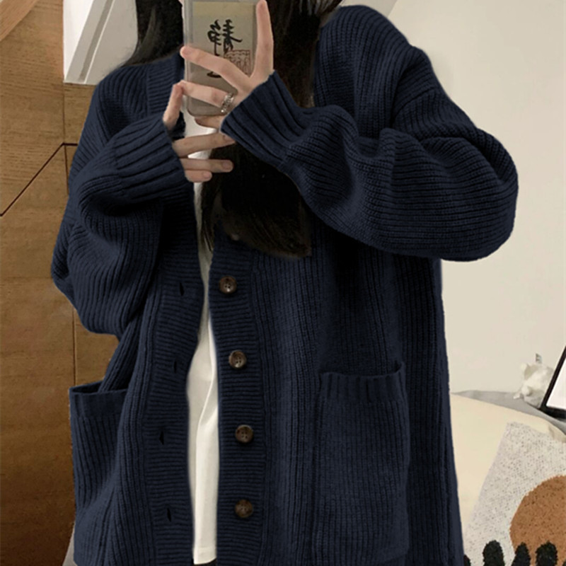 티베트어 블루 V-넥 니트 카디건 스웨터 여성 코트 2024 새로운 폭발 가을과 겨울 마일라드웨어 탑