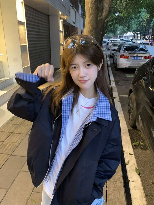 撞色拼接假两件外套女春秋2025新款美式复古宽松情侣翻领开衫夹克|undefined