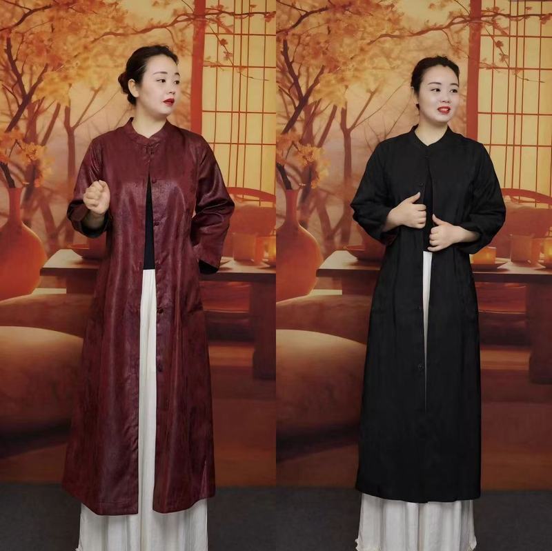 双面双穿新中式国风桑蚕丝油皮子外套女2025新款中年女中长款风衣|undefined