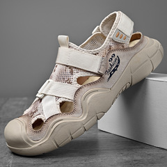 沙灘鞋男夏季新款透氣鏤空涼鞋男真皮純手工網面戶外包頭休閒男鞋
