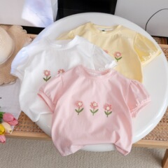 女の子のtシャツ韓国の半袖の夏の綿の洋気のかわいい赤ちゃんの立体の小さい花の半袖の上着の子供の服装の潮3