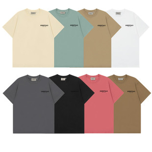 Long Line ESSENTIALS Flocking Letter Small Label Round Neck Short Sleeve T-Shirt Loose Base Shirt for Men and Women Couple