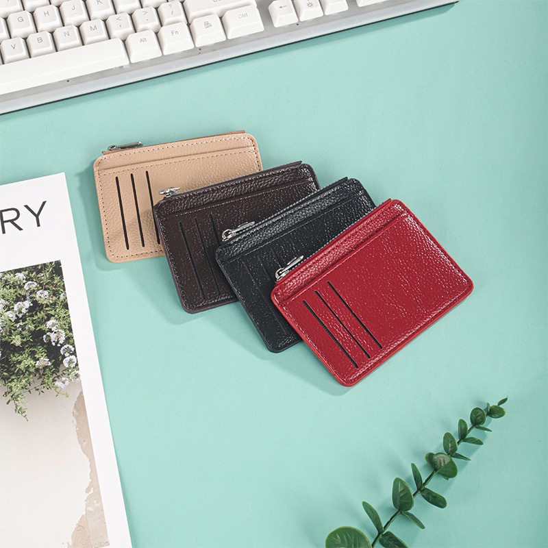 Business Card Holder with Multiple Card Slots, Multifunctional Coin Purse, Creative Zipper Id Holder with Lychee Pattern, Suitable for Business and Commuting