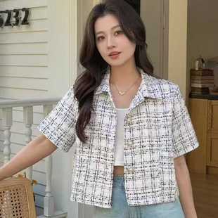 Real Shot Spring and Summer Vintage Short-sleeved Plaid Dress Collar Pearl Buckle Chanel Style Slub Loose Short Coat for Women