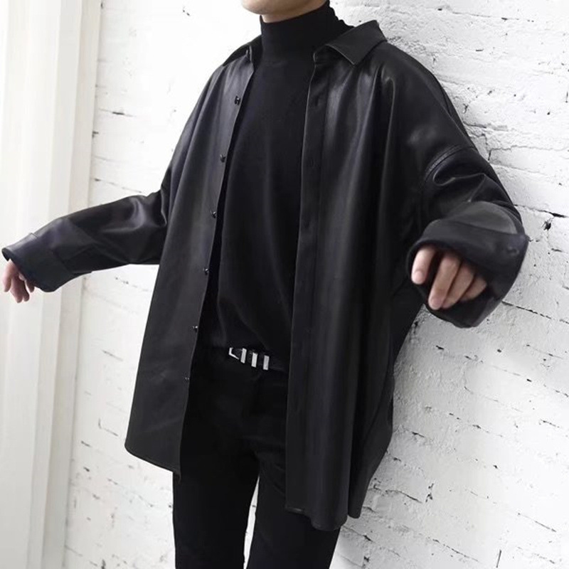 Men's Loose PU Leather Long-sleeved Shirt American Solid Color Shirt Autumn All-match Student Couple Shirt Coat Trendy Brand