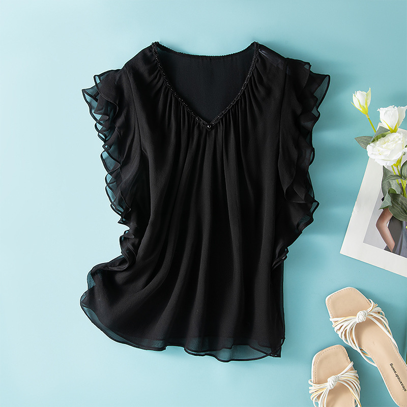 Unique and Chic Beaded Top Western Style Age-reducing Design Sense Lotus Leaf Sleeve Silk Mulberry Silk Chiffon Sleeveless Shirt