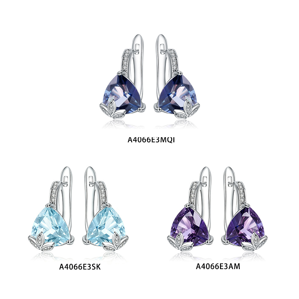 Niche Triangular Gemstone Earrings 3 Carats S925 Sterling Silver Inlaid with Natural Sky Blue Topaz and Amethyst Earrings