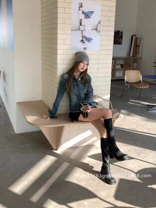 美式复古辣妹翻领蓝色牛仔外套衬衣女早秋修身气质韩版短上衣衬衫|undefined
