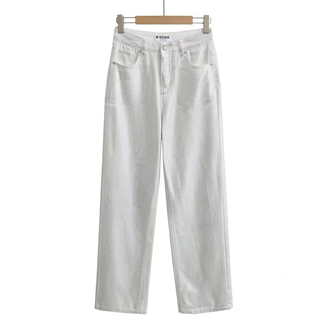 高品質金屬高腰拖地牛仔長褲個性直筒長褲休閒顯腿長時尚