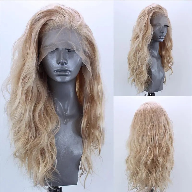 European and American wig women's long linen color curly hair chemical fiber high temperature silk free part front lace wig 13*4