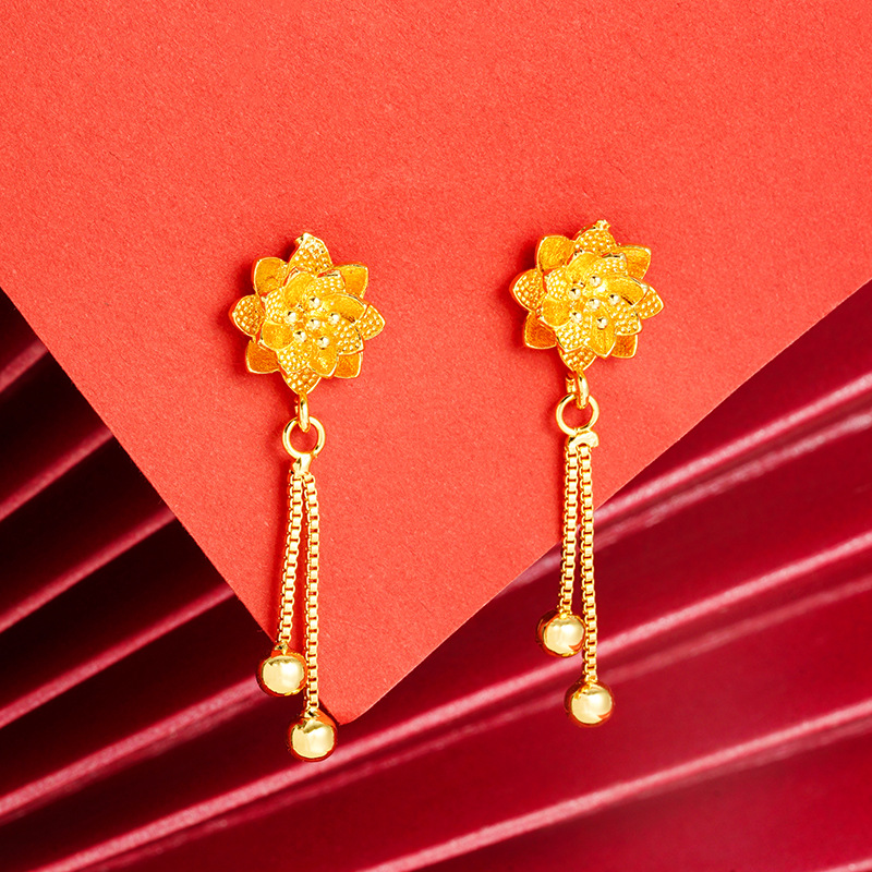 Pendientes de camelia de estilo antiguo Pendientes de verano de alta calidad para niñas con borlas Pendientes de oro de arena vietnamita que no se desvanecen durante mucho tiempo