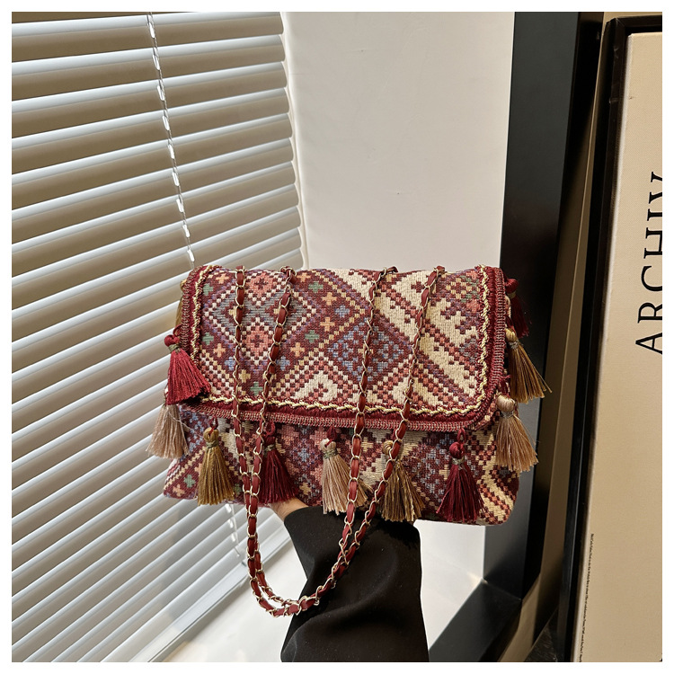 336g Weight Flip Cover Closure Type Single Shoulder Strap Strap Type Shoulder Bag Bags Type Casual, Holiday Occasion Cloth Material Geometric Pattern All Seasons Season Women's Gender Elegant, Ethnic Style Style Square Shape Women's Cloth Geometric Elegant Ethnic Style Square Flip Cover Shoulder Bag 36