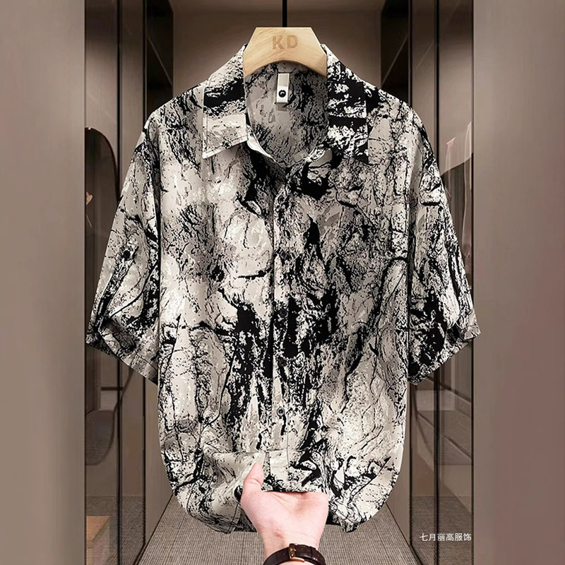 Tie-Dye Short-Sleeved Shirt for Men in Summer, Ice Silk Basic Thin Style, Trendy Brand Handsome Half-Sleeved Shirt, Loose and Casual, Beautiful