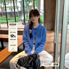 宋正恩蓝色麻花针织开衫外套女秋季新款宽松韩系慵懒毛衣长袖上衣