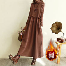 加绒加厚复古文艺连衣裙女秋冬新款过膝裙子大码宽松中长款打底裙