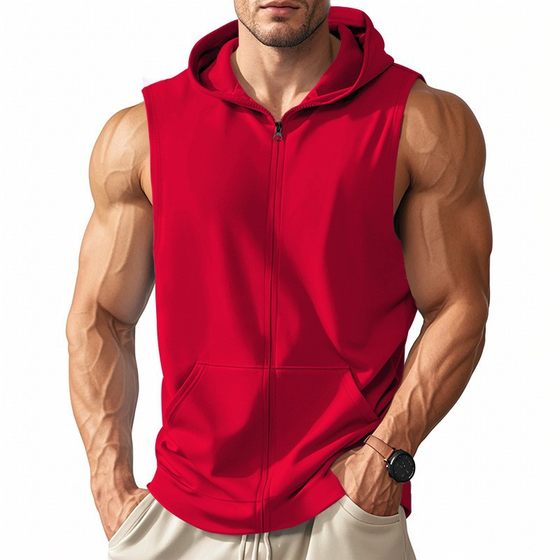 2025 Cross-border Summer American-style Men's Sports Fitness Training Zipper Hooded Cardigan Sleeveless Loose Breathable Vest