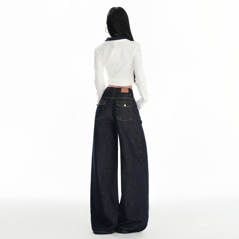 Dark Blue Wide-Leg Jeans for Women, 2026 Spring New Style, Low-Waist American Retro Loose Floor-Length Straight Pants