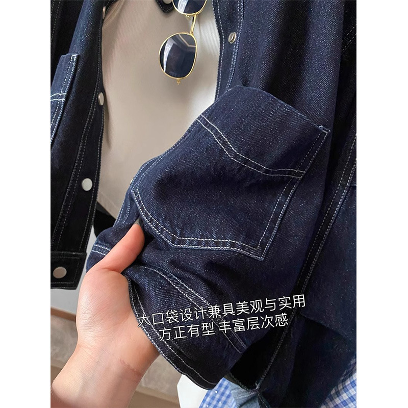 2025年春夏新款复古丹宁蓝无领落肩牛仔外套休闲短款夹克衫|undefined