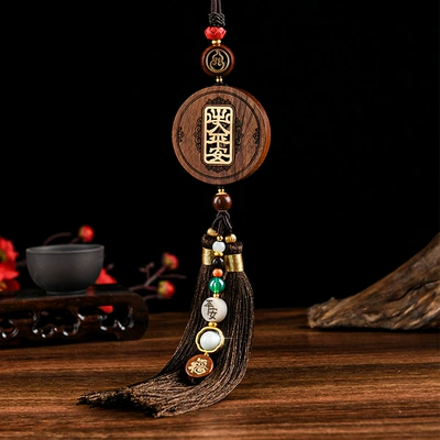 Boutique Car Decoration Rearview Mirror | Car hanging - double-sided-wood-hollow-pendant-safe-entry-and-exit-gold-ten-thousand-taelstassel-style
