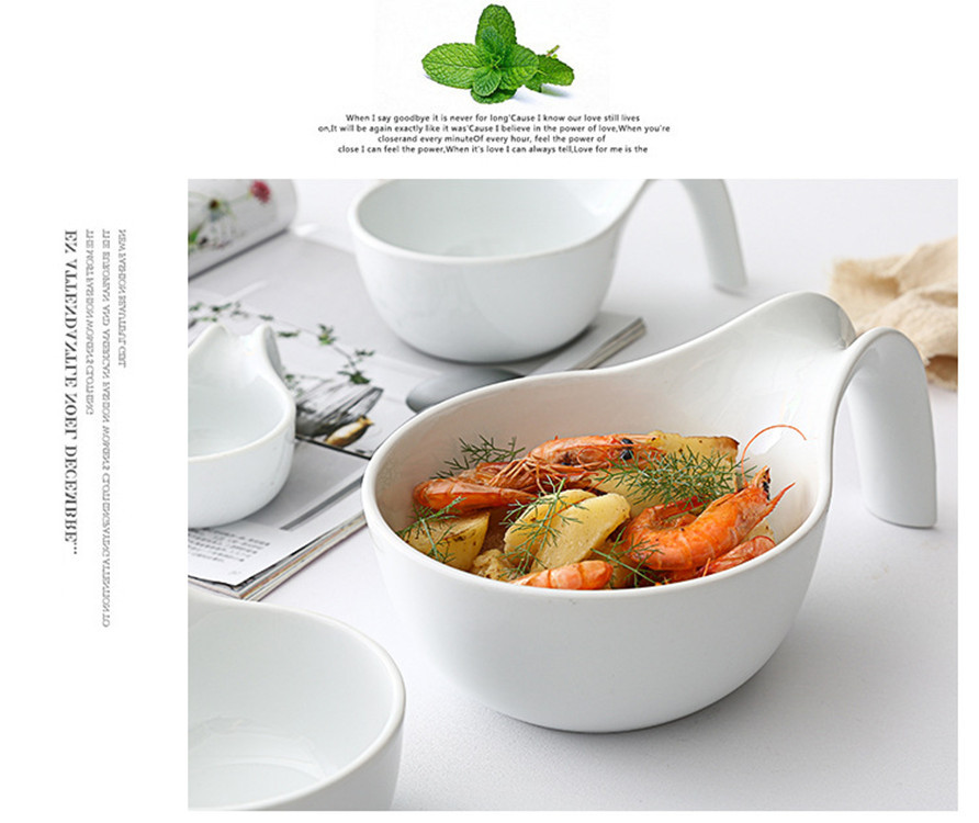 陶瓷汤碗弯柄带手把碗陶瓷面碗菜碗耐手柄碗创意 定制