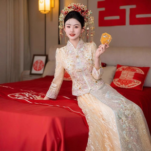 Champagne-Colored High-End Wedding Dress 2025 New Chinese-Style Bridal Gown for Toasting, Heavy Craftsmanship for Petite Brides