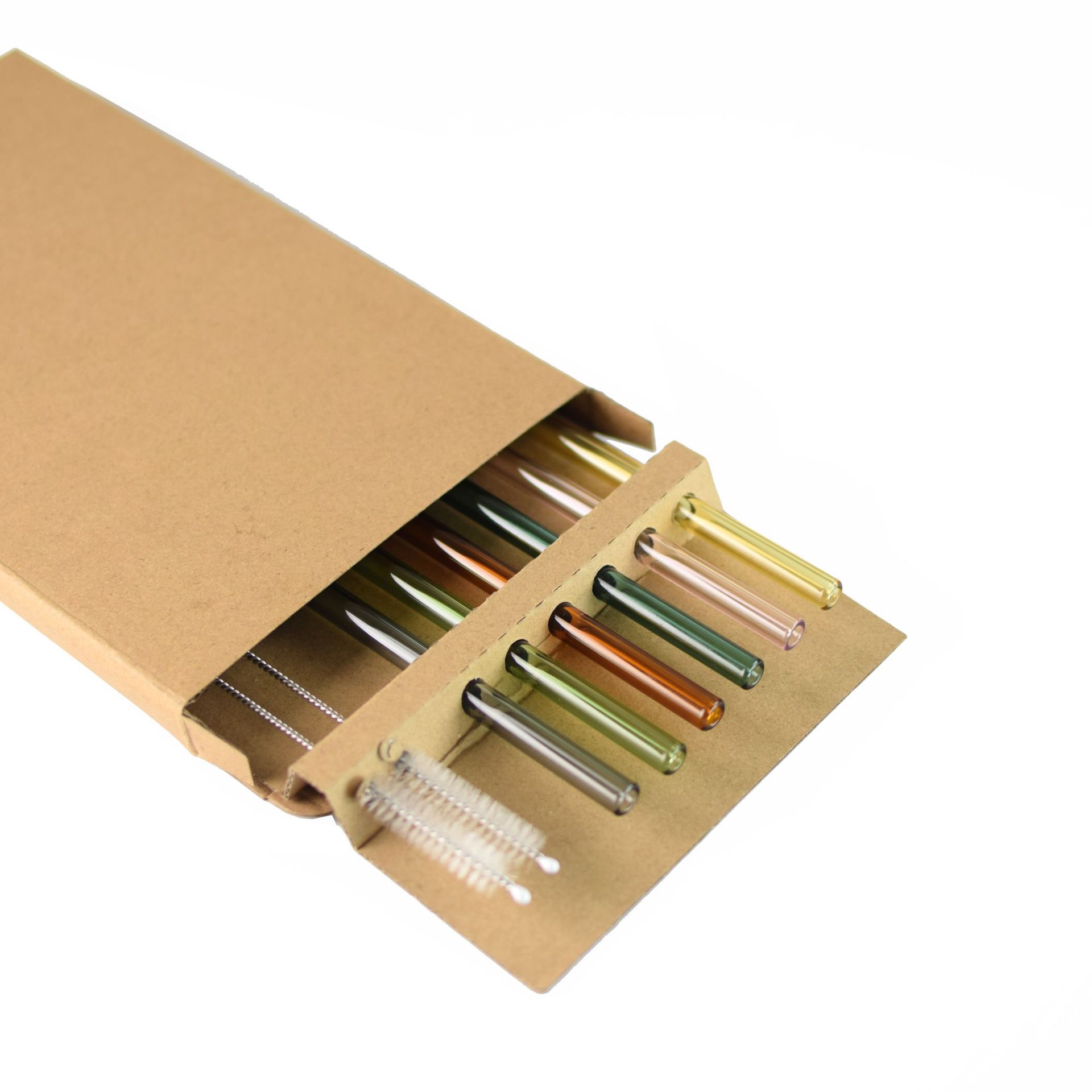 Amazon Venta caliente manchado traje de paja vidrio protección ambiental resistente al calor bebida leche codo 0,8*20cm6 tubo 2 Cepillos