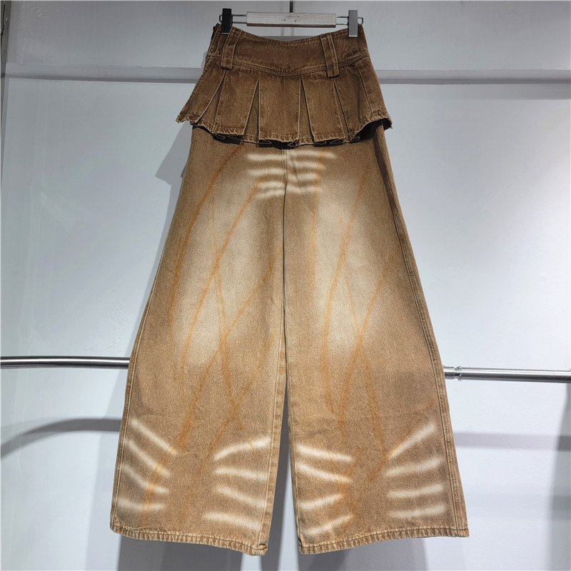 Vintage coreano hace jeans de color antiguo primavera y otoño para mujeres pantalones largos de piernas anchas pantalones falsos de dos piezas de pantalones delgados image 2
