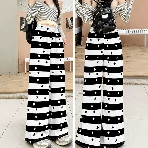 2026 New Women's Multi-Pattern Printed Elastic Waist Wide-Leg Pants, Loose and Slimming Casual Long Pants