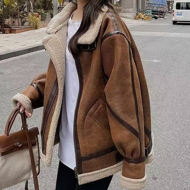 皮毛一体羊羔毛棉服女2025秋冬新款宽松复古机车服夹克大衣图片色