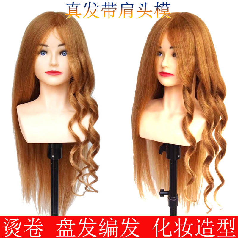 Cabeza de modelo con hombros de cabello real cabeza de maniquí ejercicio de cabello trenzado maquillaje de modelado cabeza de muñeca de rollo caliente
